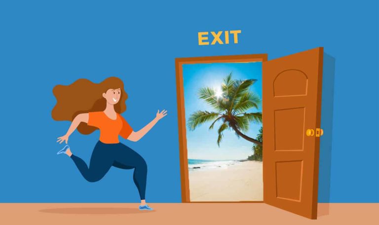 cartoon-woman-running-towards-door-to-exit-timeshare-team-vacation-depiction