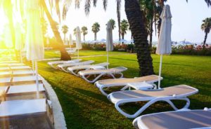 row-of-abandoned-lawn-chairs-green-grass-sunrise-by-shorline-at-destination-resort